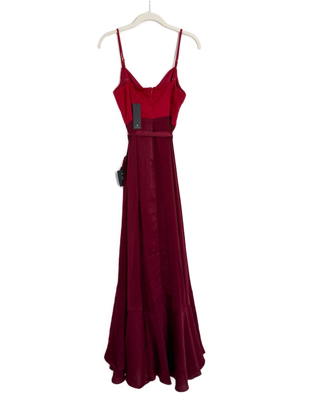 Lulus Double Darling Burgundy Color Block Satin Ruffled Maxi Dress Medium NWT - Picture 6 of 7